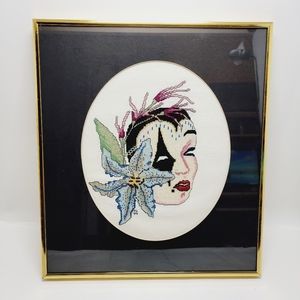 Vtg 90's Signed PG Woman Lady Mask Flower Colorful Needlepoint Art Deco Framed
